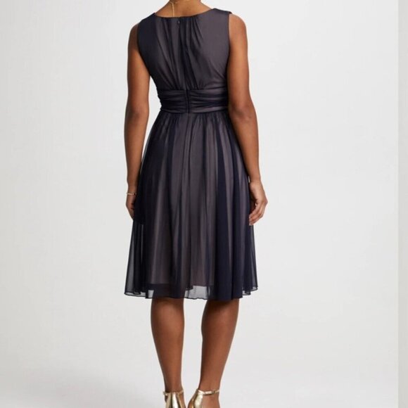 Laura Petites Mesh Detail Fit & Flare Dress Pink/Navy Sz 12P - Picture 2 of 14